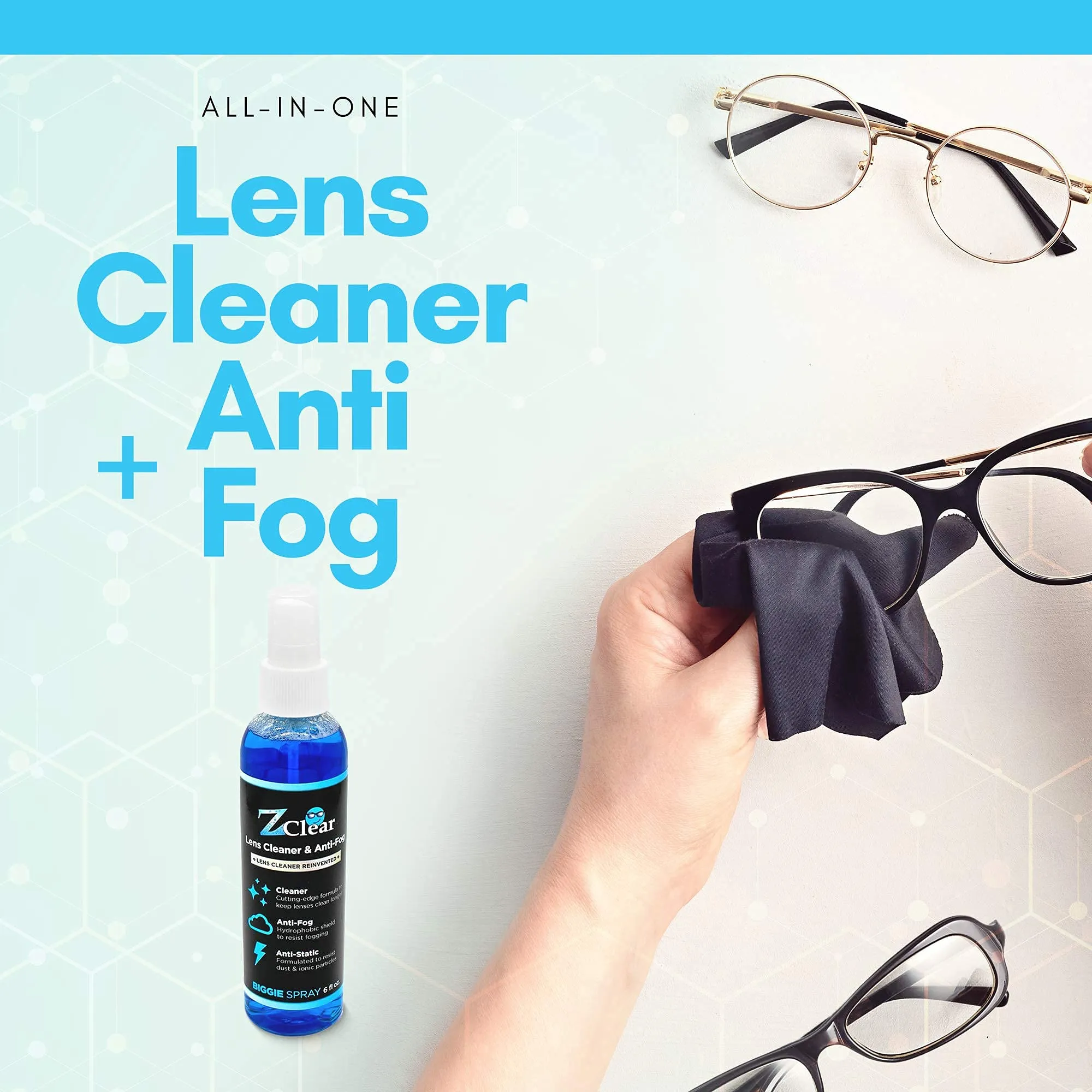 Anti-Fog 6oz Spray for Large Surfaces | Anti Static | Eye glasses | Goggles | Sunglasses | Windshields | Mirrors | Visors | Safe for all Lenses |  With Microfiber Cloth 1 Count (Pack of 1)