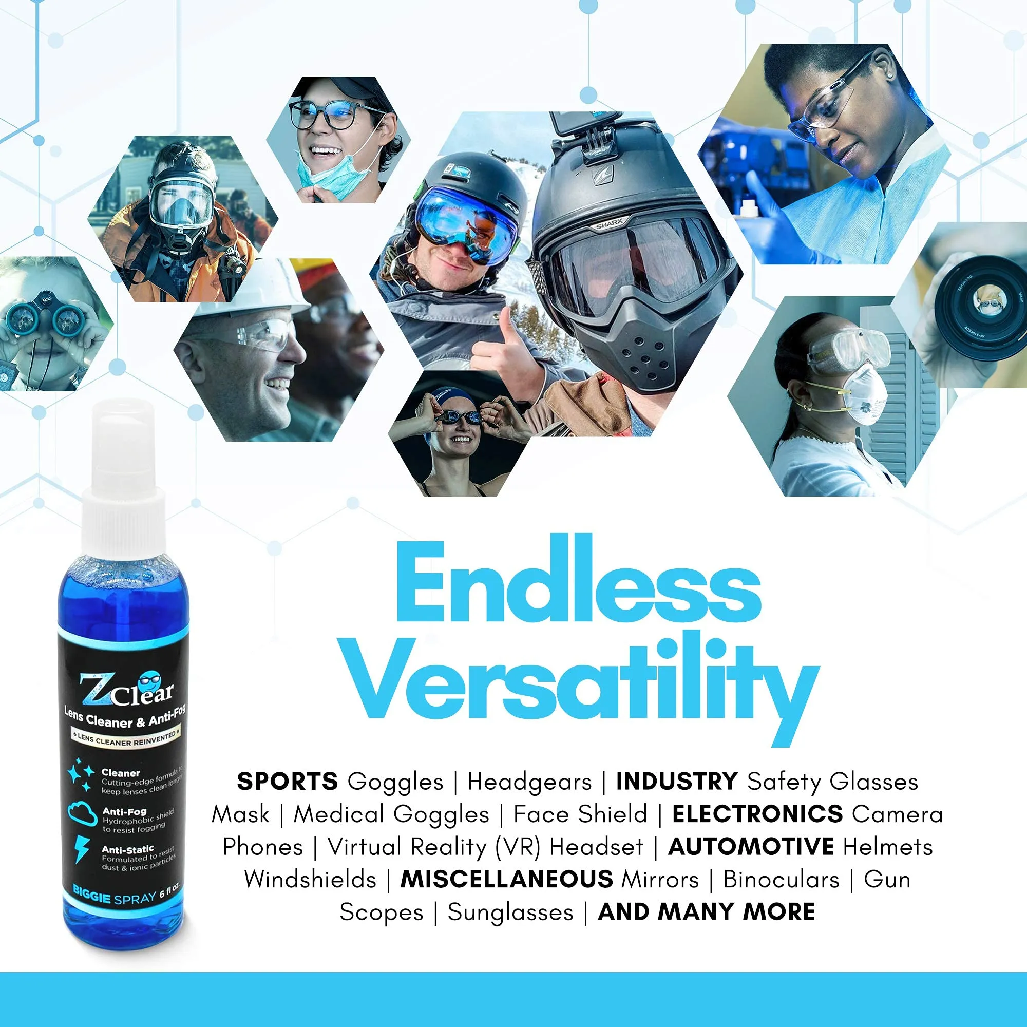 Anti-Fog 6oz Spray for Large Surfaces | Anti Static | Eye glasses | Goggles | Sunglasses | Windshields | Mirrors | Visors | Safe for all Lenses |  With Microfiber Cloth 1 Count (Pack of 1)