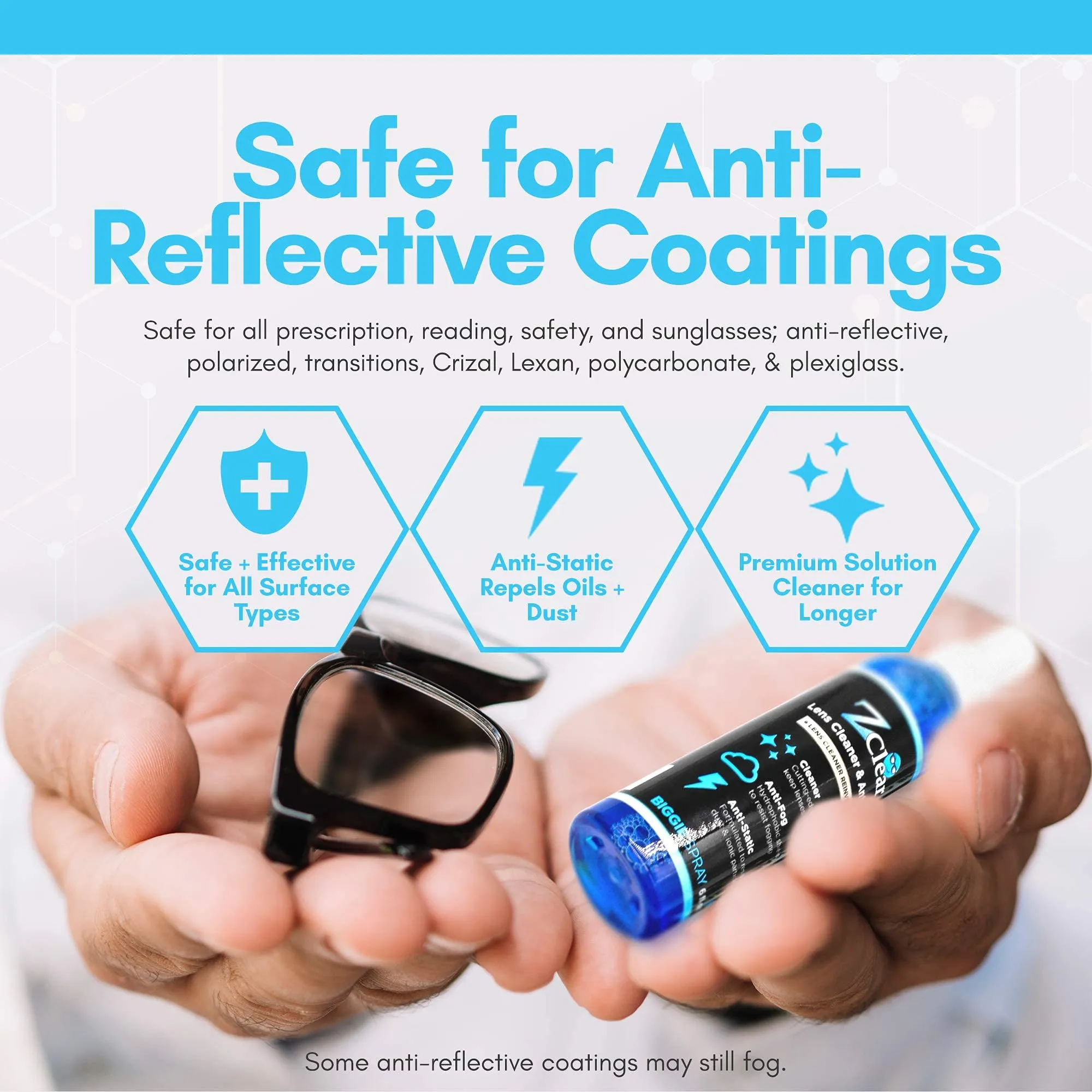 Anti-Fog 6oz Spray for Large Surfaces | Anti Static | Eye glasses | Goggles | Sunglasses | Windshields | Mirrors | Visors | Safe for all Lenses |  With Microfiber Cloth 1 Count (Pack of 1)