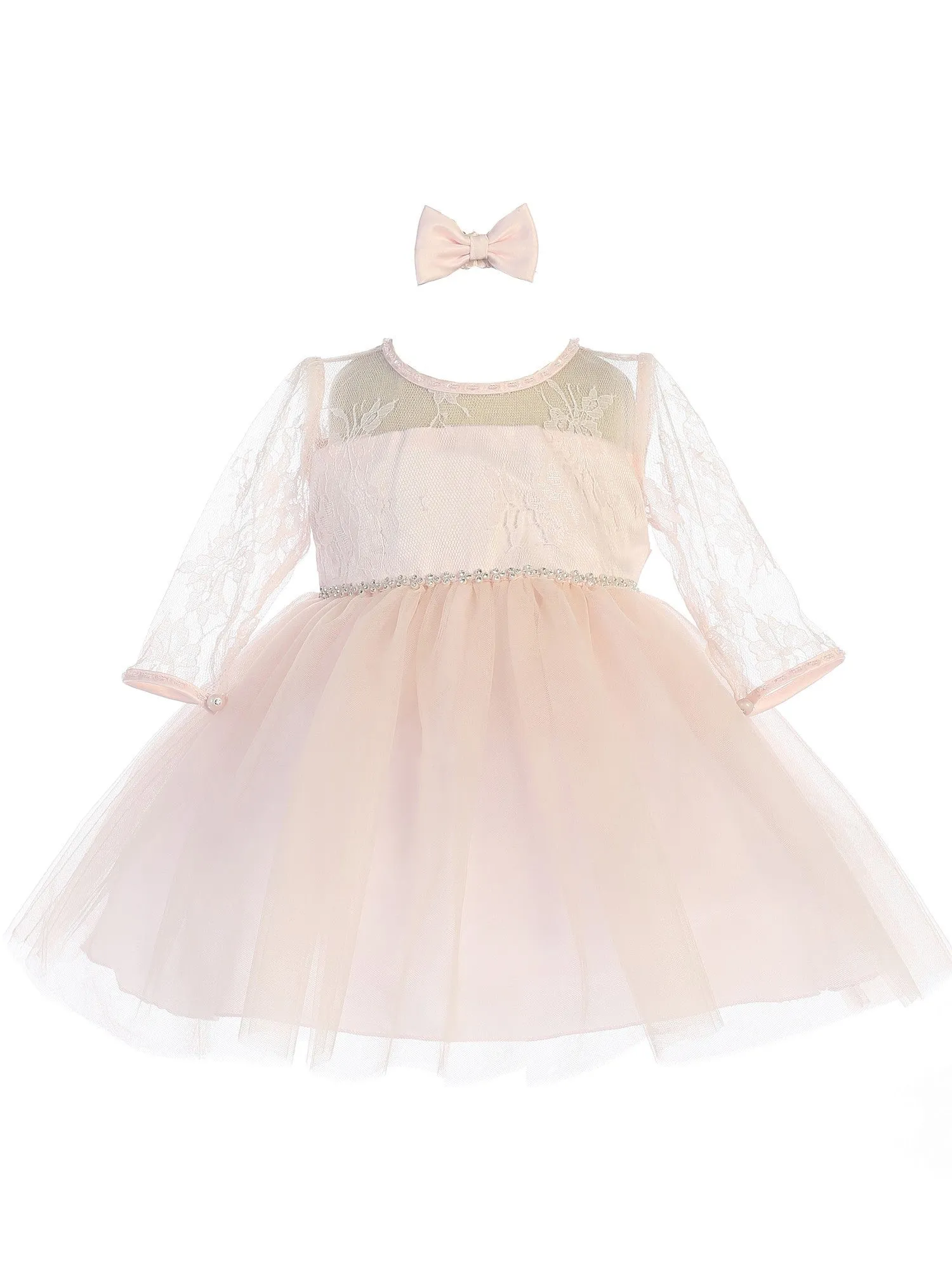 Baby Girls Blush Three Quarter Lace Sleeve Tulle Flower Girl Dress 6-24M