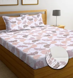 HOMICON Pure Cotton Elastic Fitted Bedsheets with 2 King Size Pillow Covers | Double Bed with All Around Elastic | Size - 72 King Size x 78 10 inches, Cream