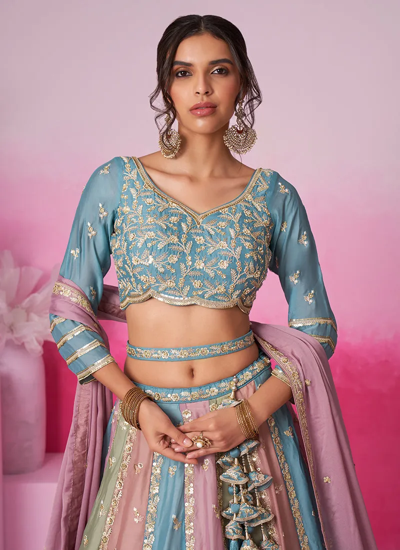 Sky Blue And Multicolored Embroidered Bridal Lehenga Choli