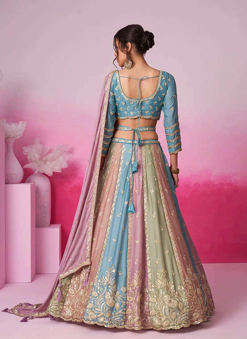 Sky Blue And Multicolored Embroidered Bridal Lehenga Choli