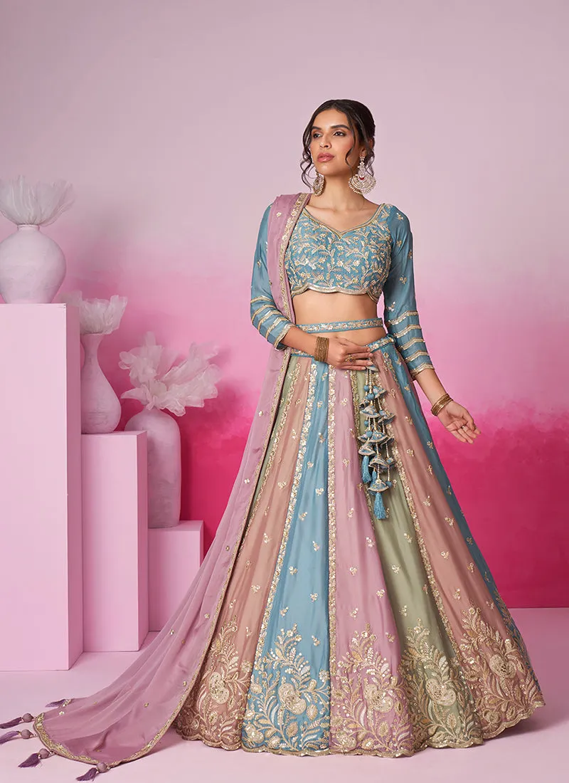 Sky Blue And Multicolored Embroidered Bridal Lehenga Choli